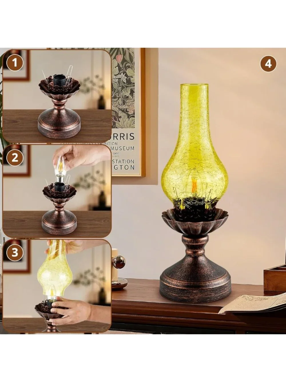 Rustic Vintage Touch Control Table Lamp, 3-Way Dimmable Amber Glass Shade for